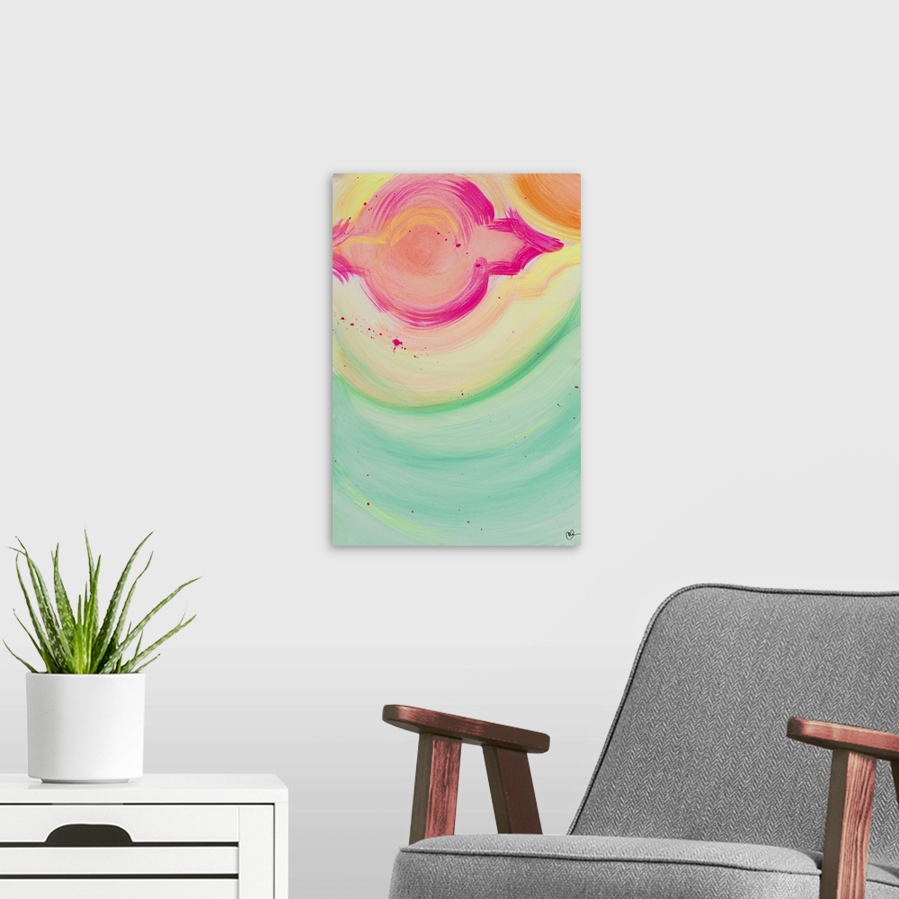 A modern room featuring An abstract watercolor painting with bright and fun colors.