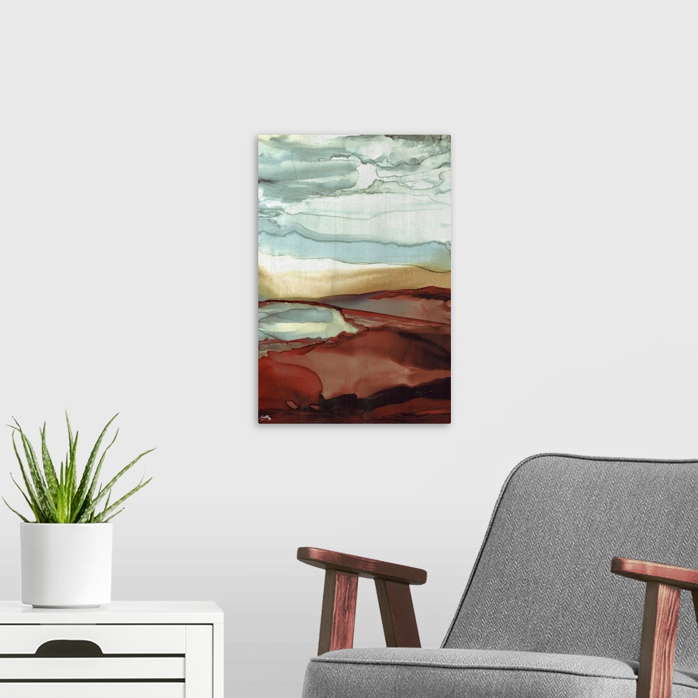 A modern room featuring Abstract painting with slate blue, tan, and crimson red hues layered together to resemble a sky.