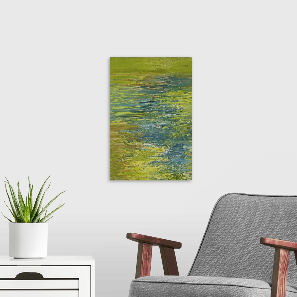 A modern room featuring Abstract painting in blue and green resembling ripples on water.
