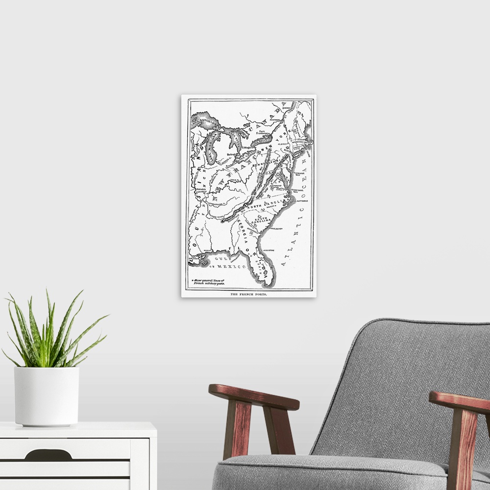 A modern room featuring Map, Colonial America. A Map Of the Thirteen Original American Colonies And Neighboring French An...