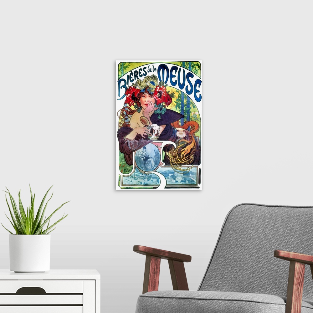 A modern room featuring French lithograph advertising poster, c1897, by Alphonse Mucha for Bieres de la Meuse.