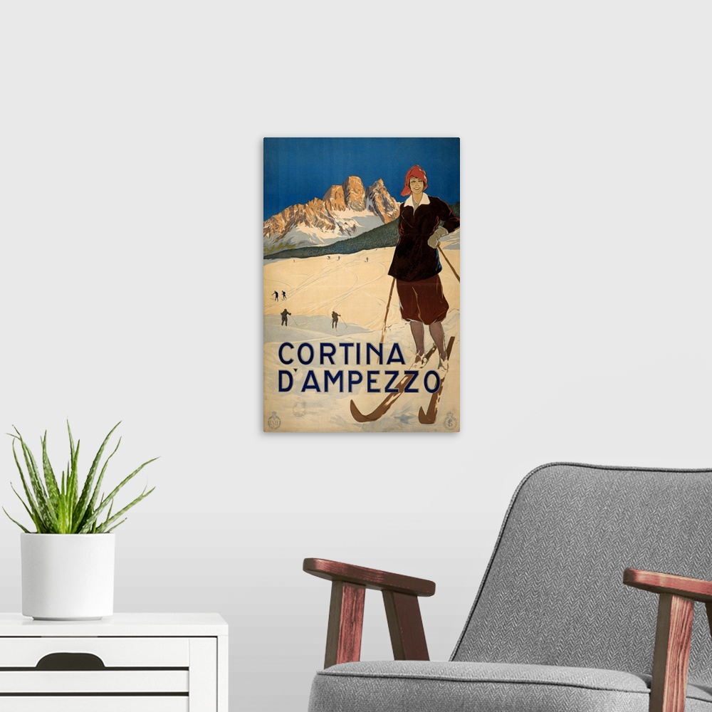 A modern room featuring Poster promoting travel to Cortina d'Ampezzo, Italy, c1920.
