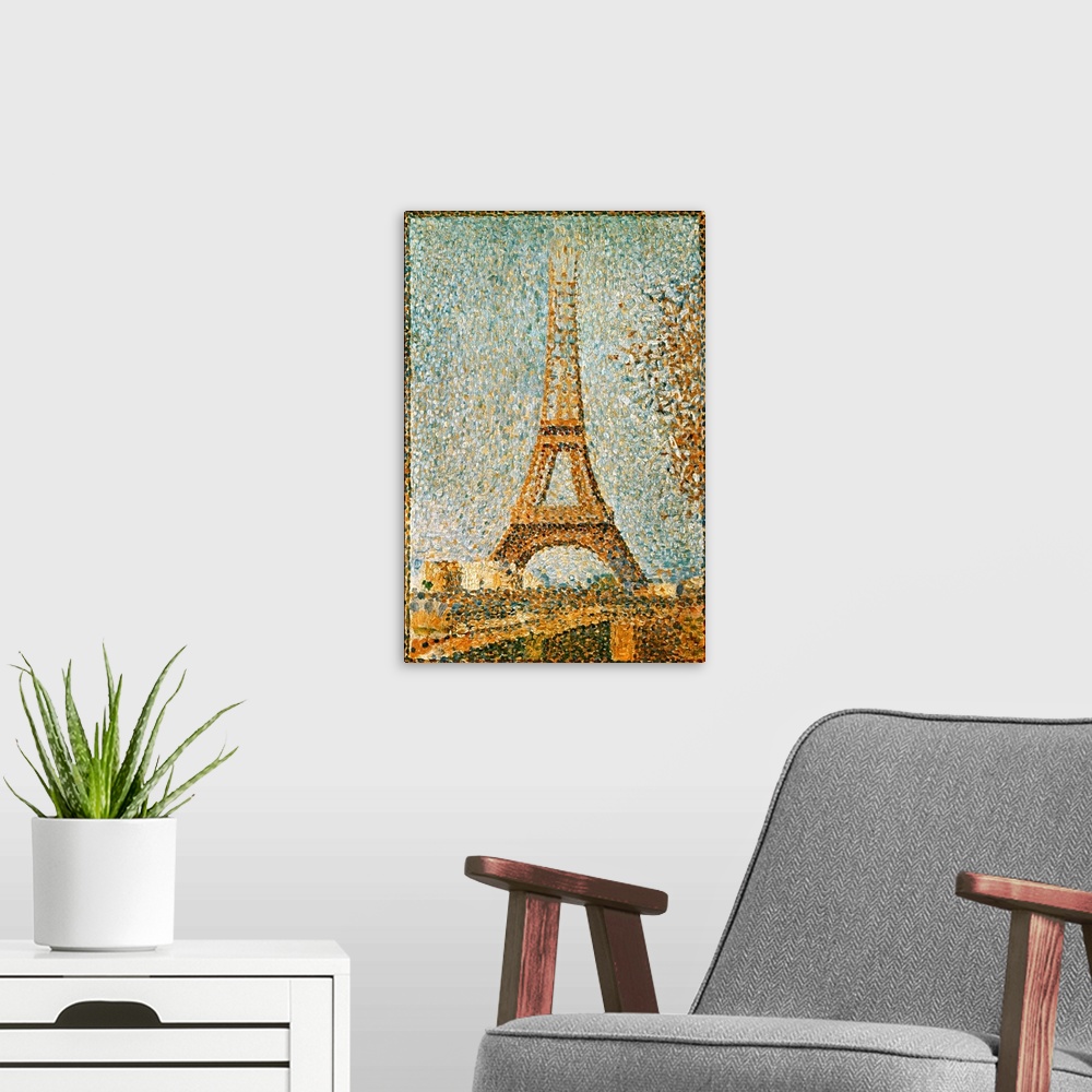 A modern room featuring Georges Seurat: The Eiffel Tower. Oil on panel, 1889.
