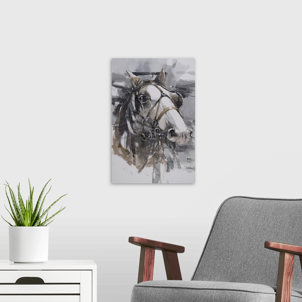 A modern room featuring This pensive artwork features earthy tones and exhibits movement with energetic brush strokes.