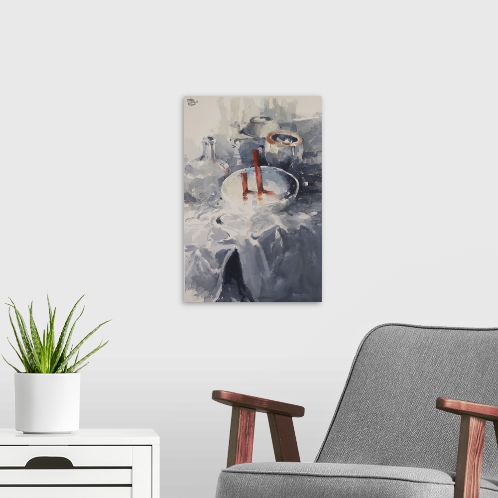 A modern room featuring Everyday objects in soft blues with pops of red sit restfully on a table in this contemporary art...