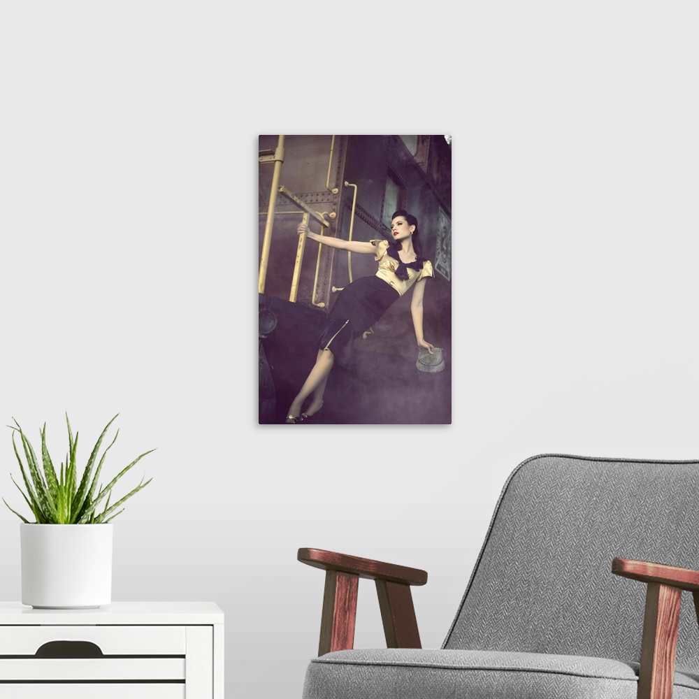 A modern room featuring A young vintage 1940s pinup hangs off the side of a smoky train.