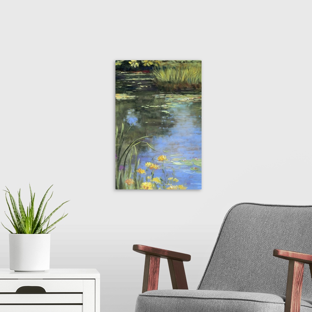 A modern room featuring Contemporary docor painting of water lilies and lily pads in a small pond, with the water reflect...