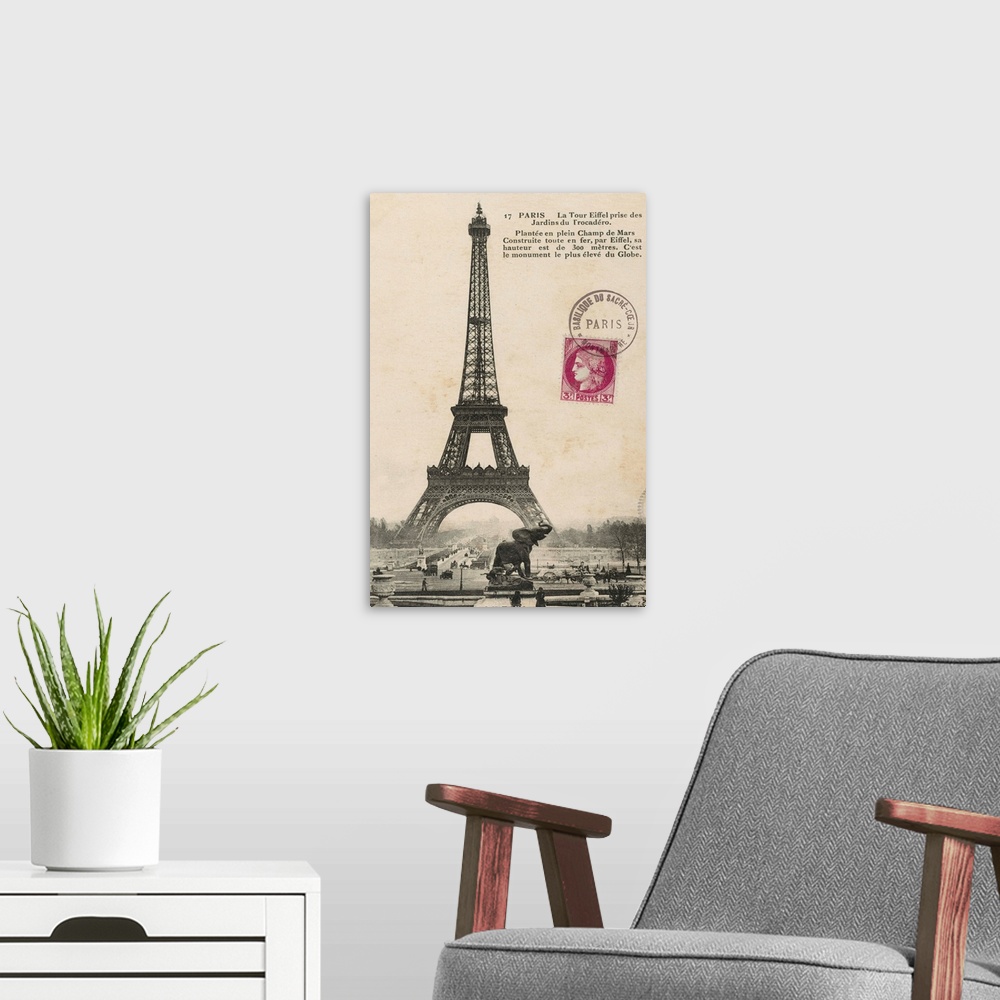 A modern room featuring Vintage photograph of the Eiffel Tower with text to the right of the image and a red stamp near t...