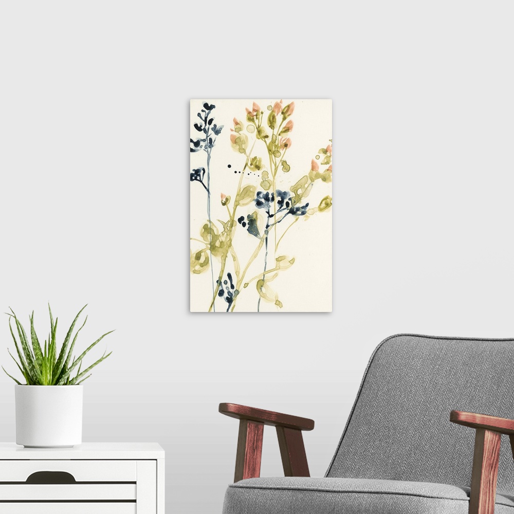 A modern room featuring Watercolor flower buds against a tan background.