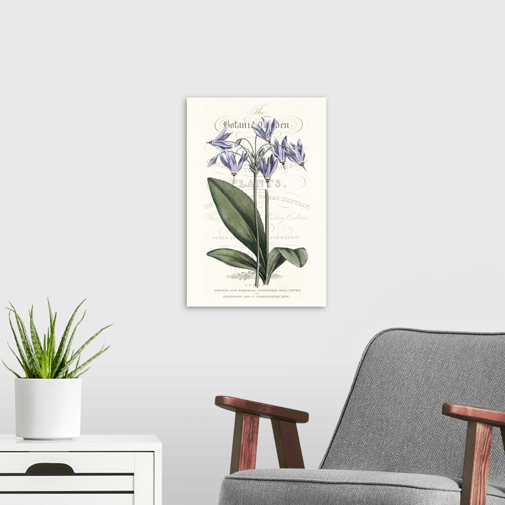 A modern room featuring This botanical illustration features a purple flower over decorative text on a neutral background.
