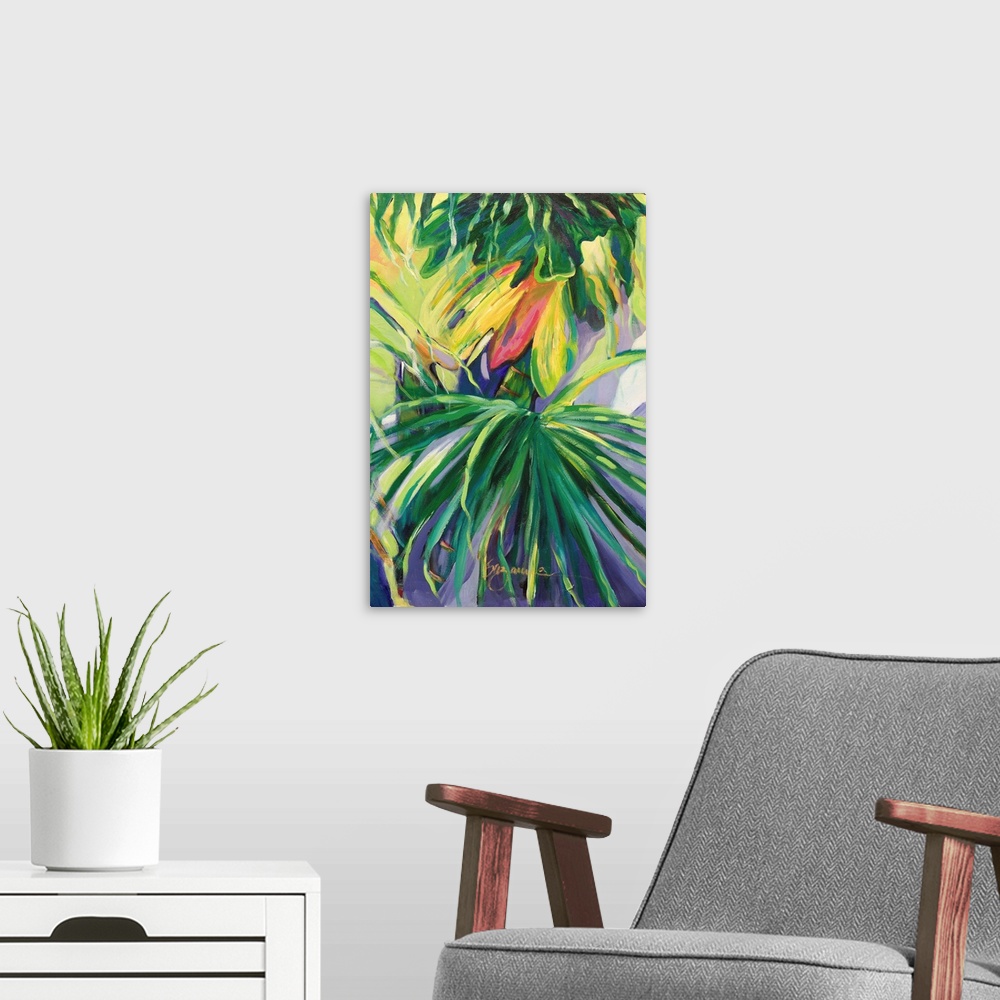 A modern room featuring Tropical painting of bright green palm leaves and red flowers.