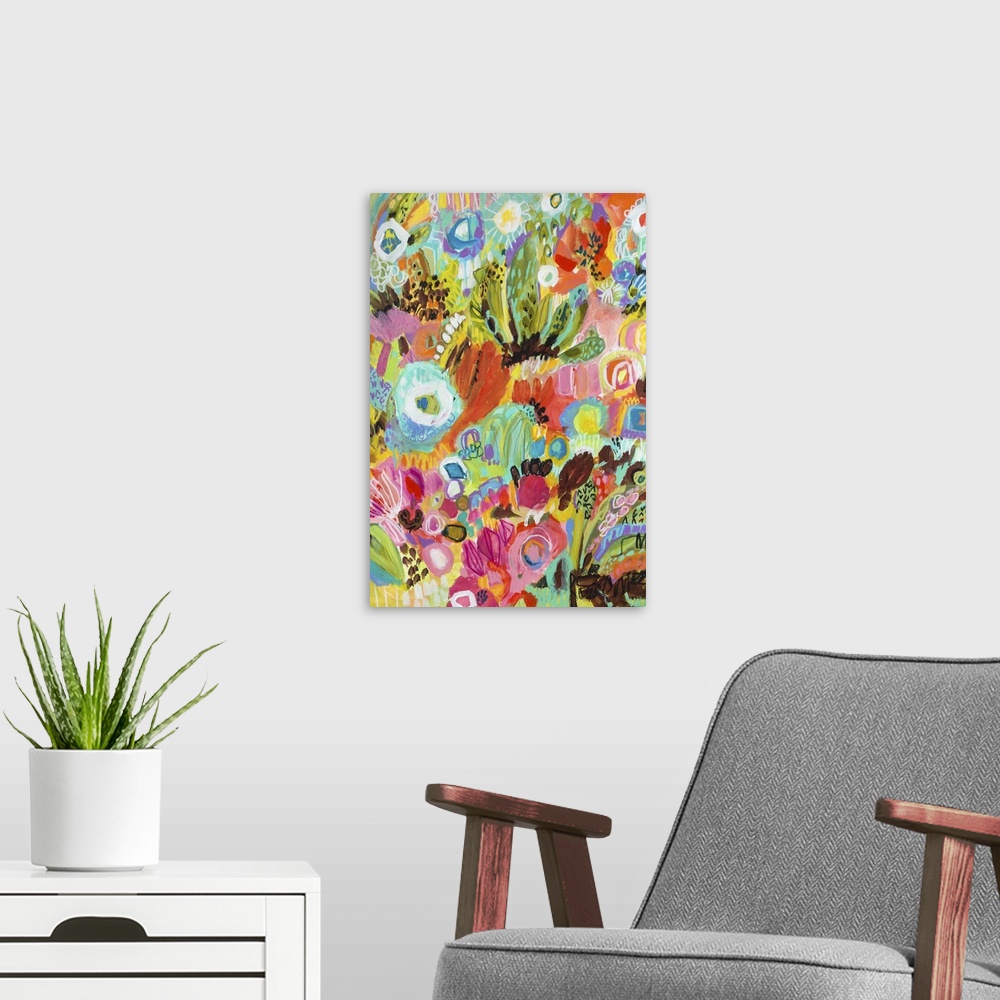 A modern room featuring Contemporary art print of an abstract garden filled with colorful flowers.
