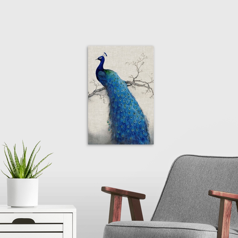 A modern room featuring Vertical, large artwork of a vibrant peacock sitting on a branch, its tail feathers flowing downw...