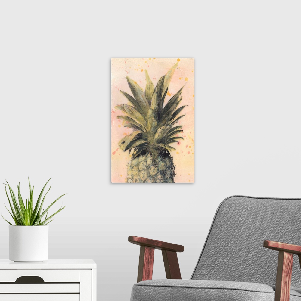 A modern room featuring Contemporary rustic artwork of a pineapple against a beige background.
