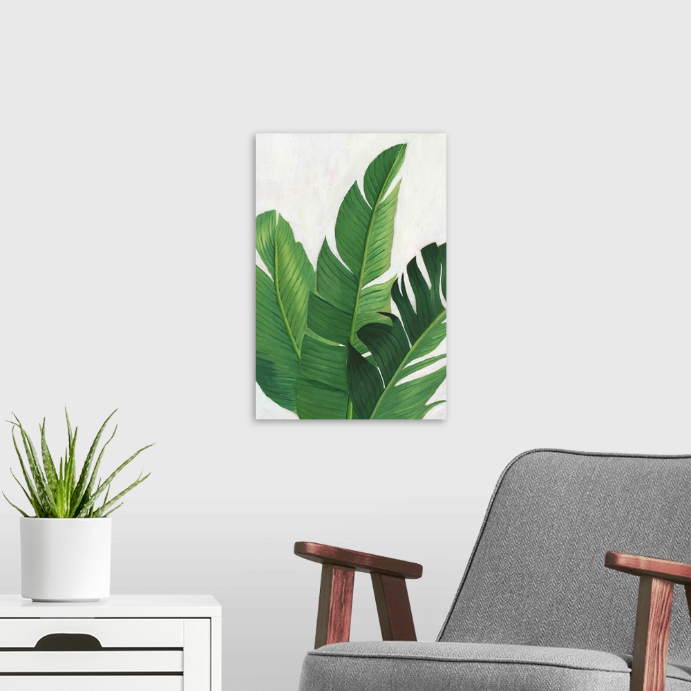 A modern room featuring Artwork featuring luscious leaves against a mottled background with gray and off-white brush stro...