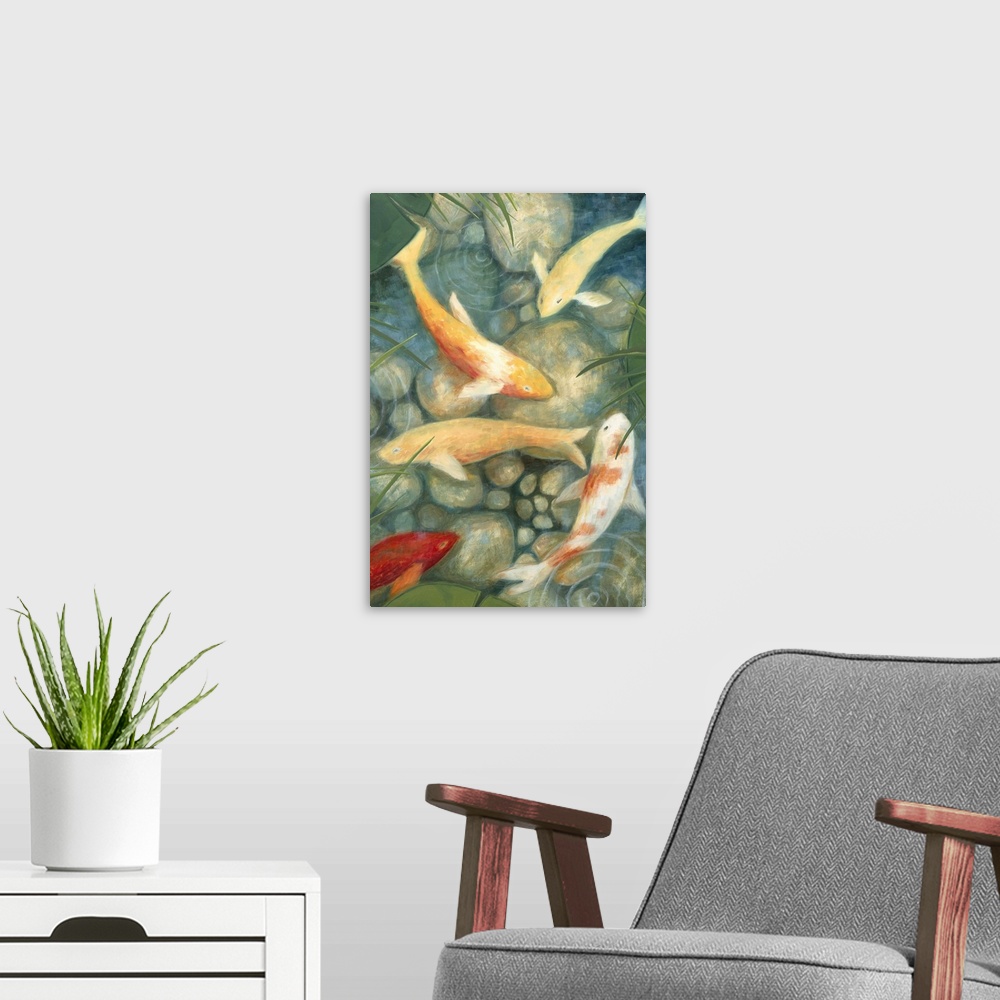 A modern room featuring Contemporary painting of koi swimming in a shallow rocky pond.
