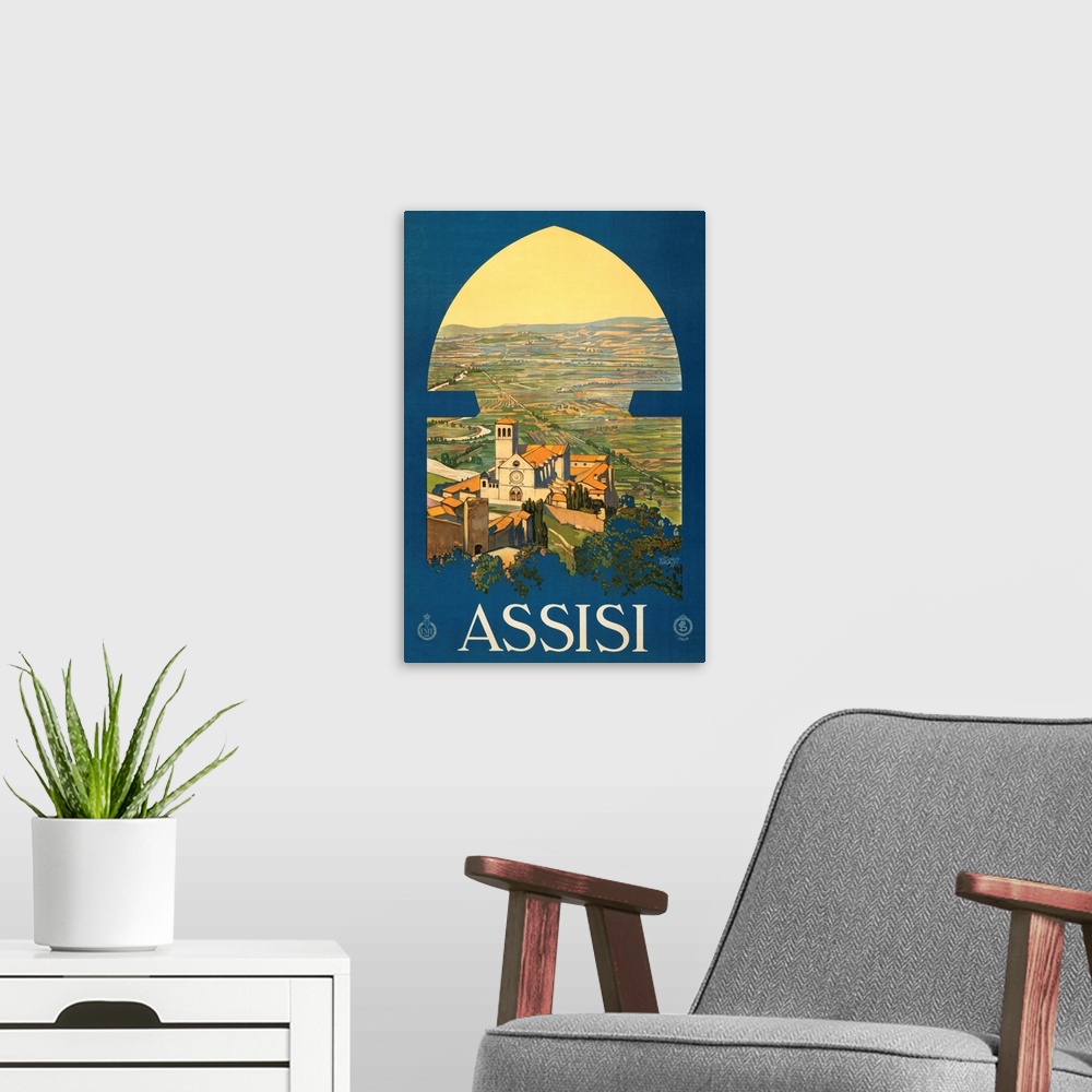 A modern room featuring Vintage travel advertisement for Assisi, Italy, with a view of the landscape and historic buildings.