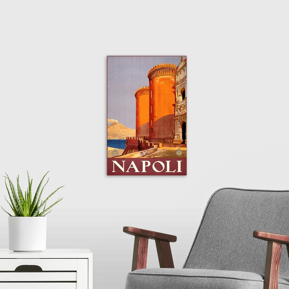 A modern room featuring Vintage travel poster for Naples, Italy, showing historic buildings.