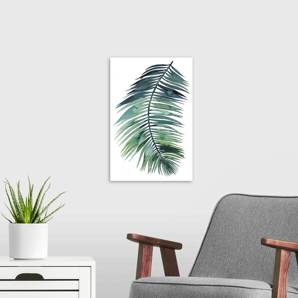 A modern room featuring Simple watercolor illustration of a green palm frond on white.