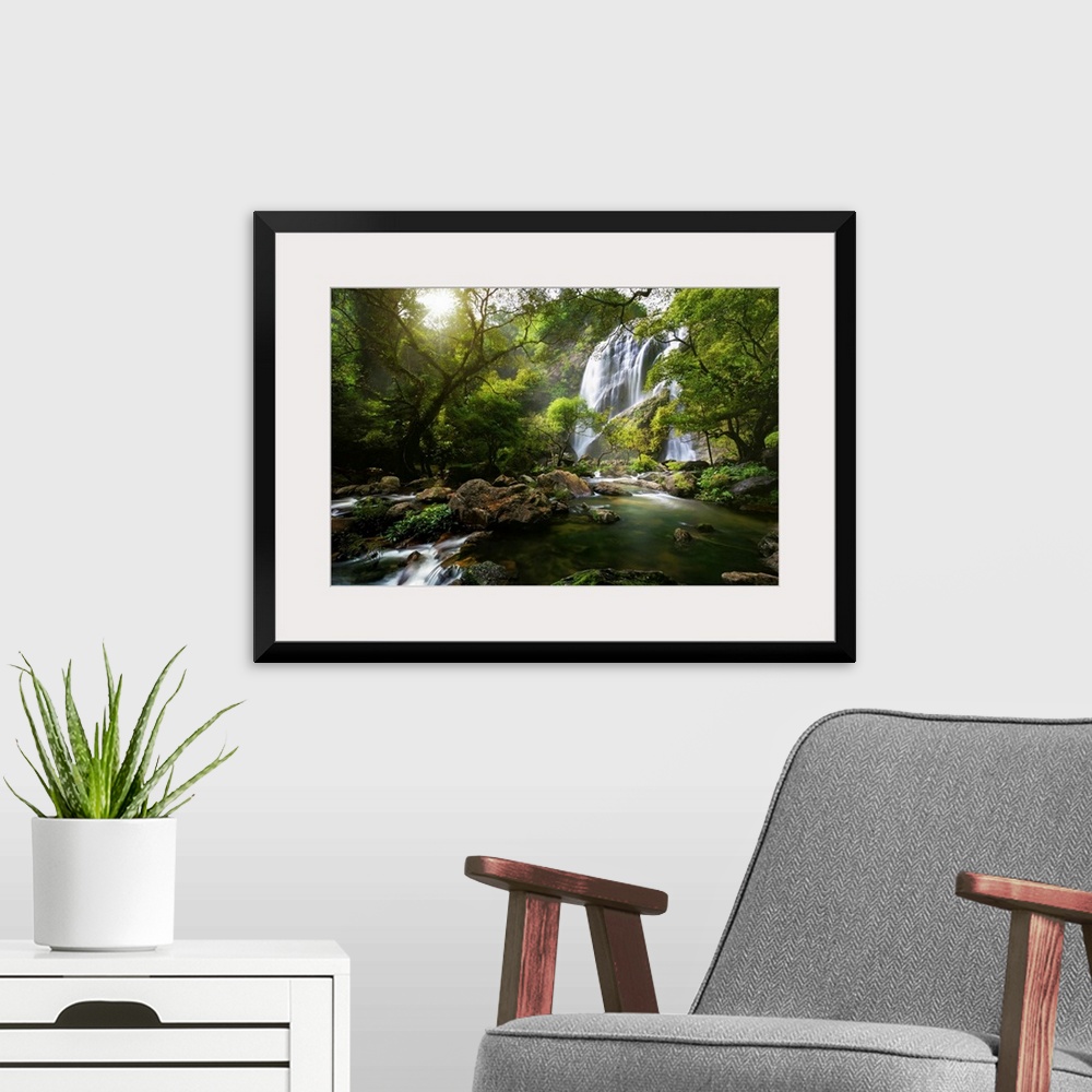 A modern room featuring Mountain stream and Waterfall in the autumn