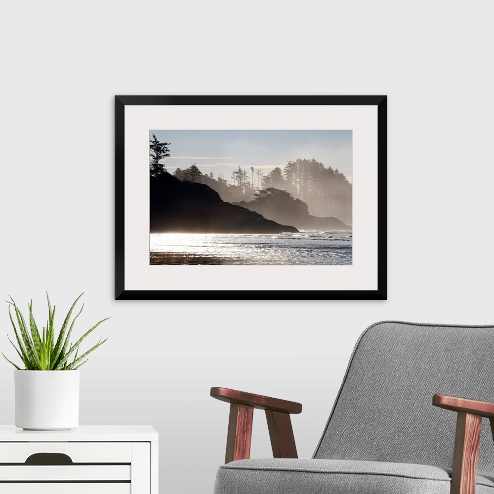 A modern room featuring Mist rises of the sea against the silhouettes of rocks and trees in this shore line photograph ta...