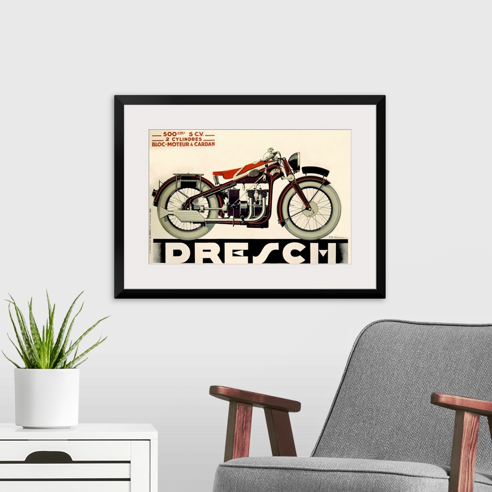 A modern room featuring Large, horizontal vintage art advertisement of a Dresch, 500 CC Motorcycle in black and red, on a...