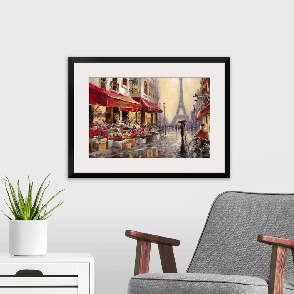 A modern room featuring Contemporary painting of a view of the city streets of Paris, with the Eiffel Tower in the backgr...
