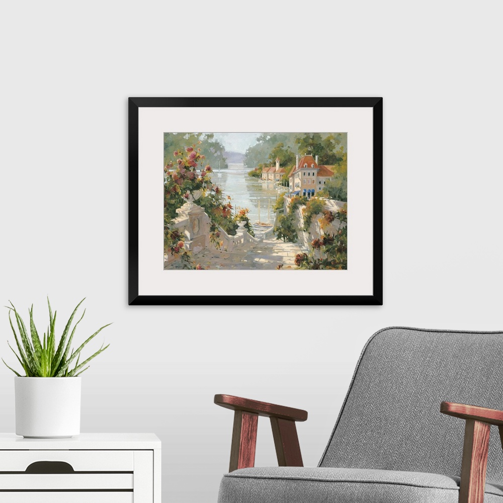A modern room featuring Contemporary painting of an old Italian village, with stone steps leading to its harbor.