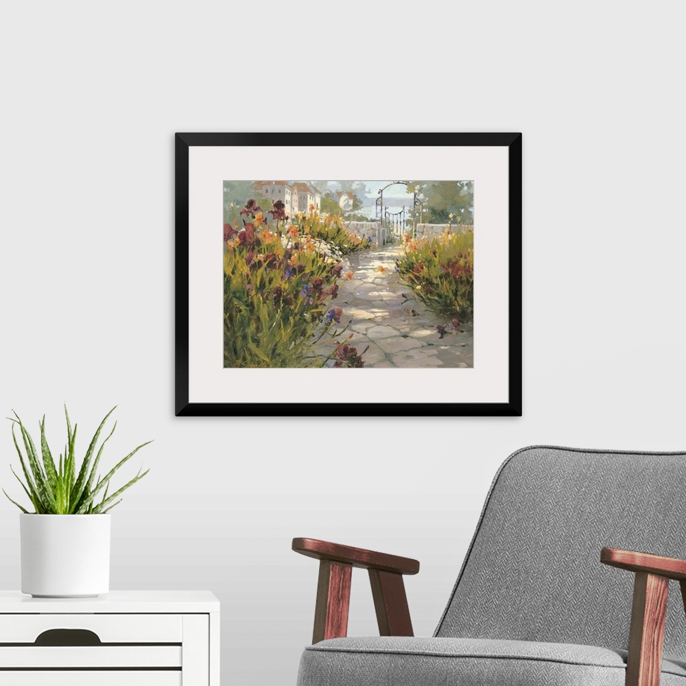 A modern room featuring Contemporary painting of an old Italian village garden, with stone path leading to garden entrance.