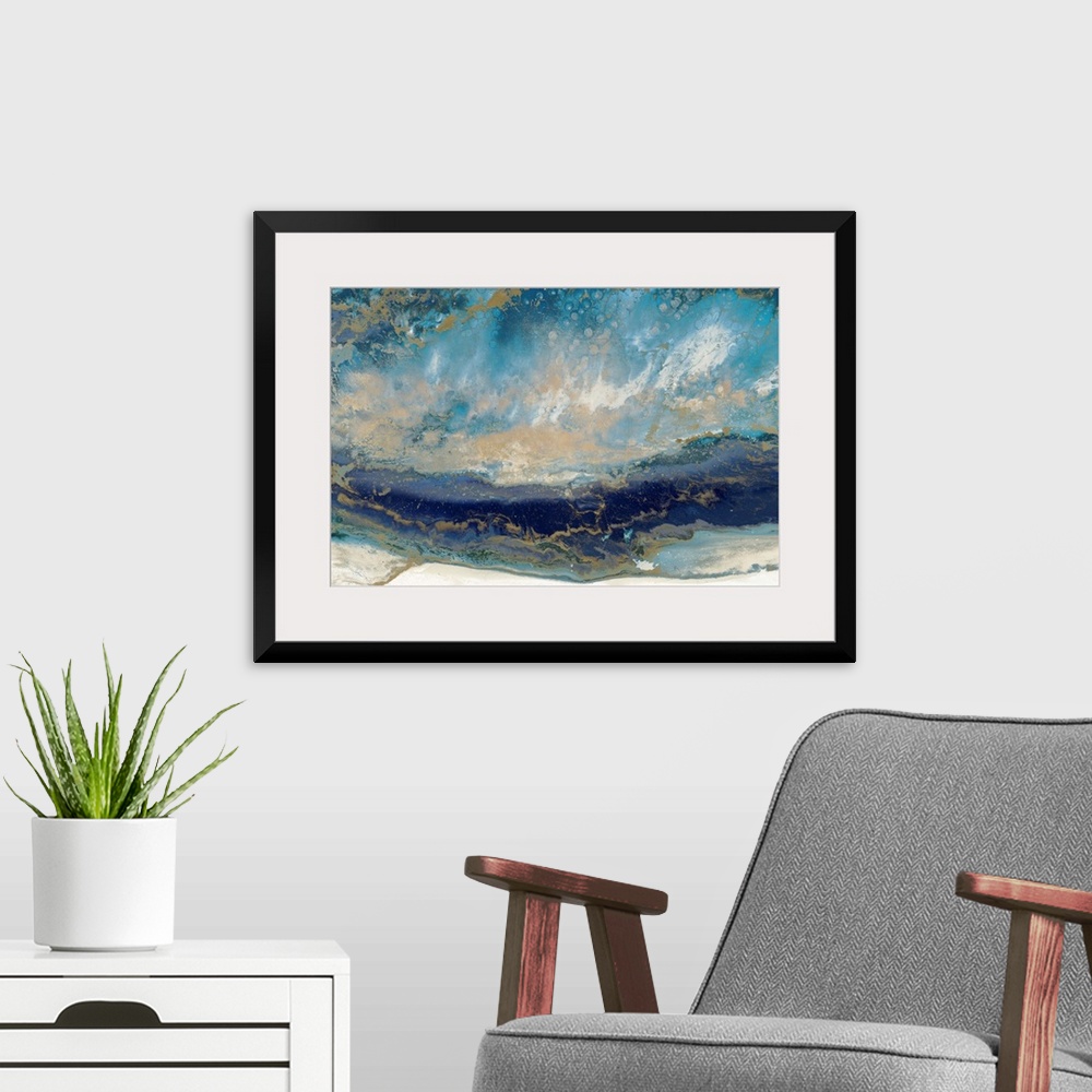A modern room featuring Contemporary abstract artwork in blue and gold, resembling a seascape.
