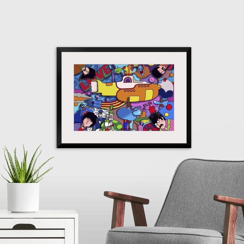 A modern room featuring Contemporary artwork of a yellow submarine surrounded by bright colors and musical artists.