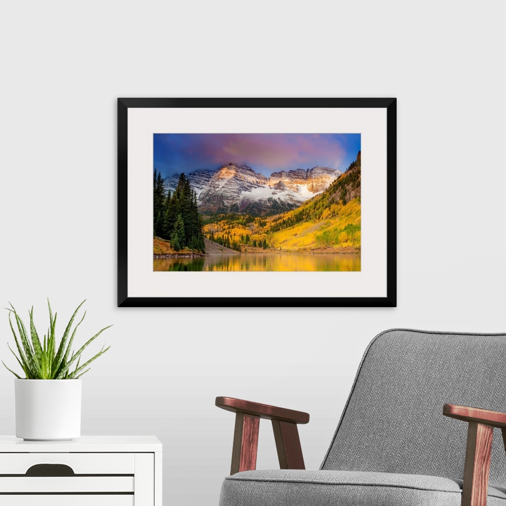 A modern room featuring mountains, forest, by the water, color photographcolorado