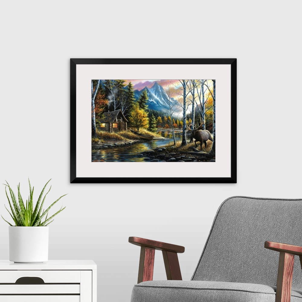 A modern room featuring Contemporary landscape painting of a cabin next to a river in the woods with an elk walking by.
