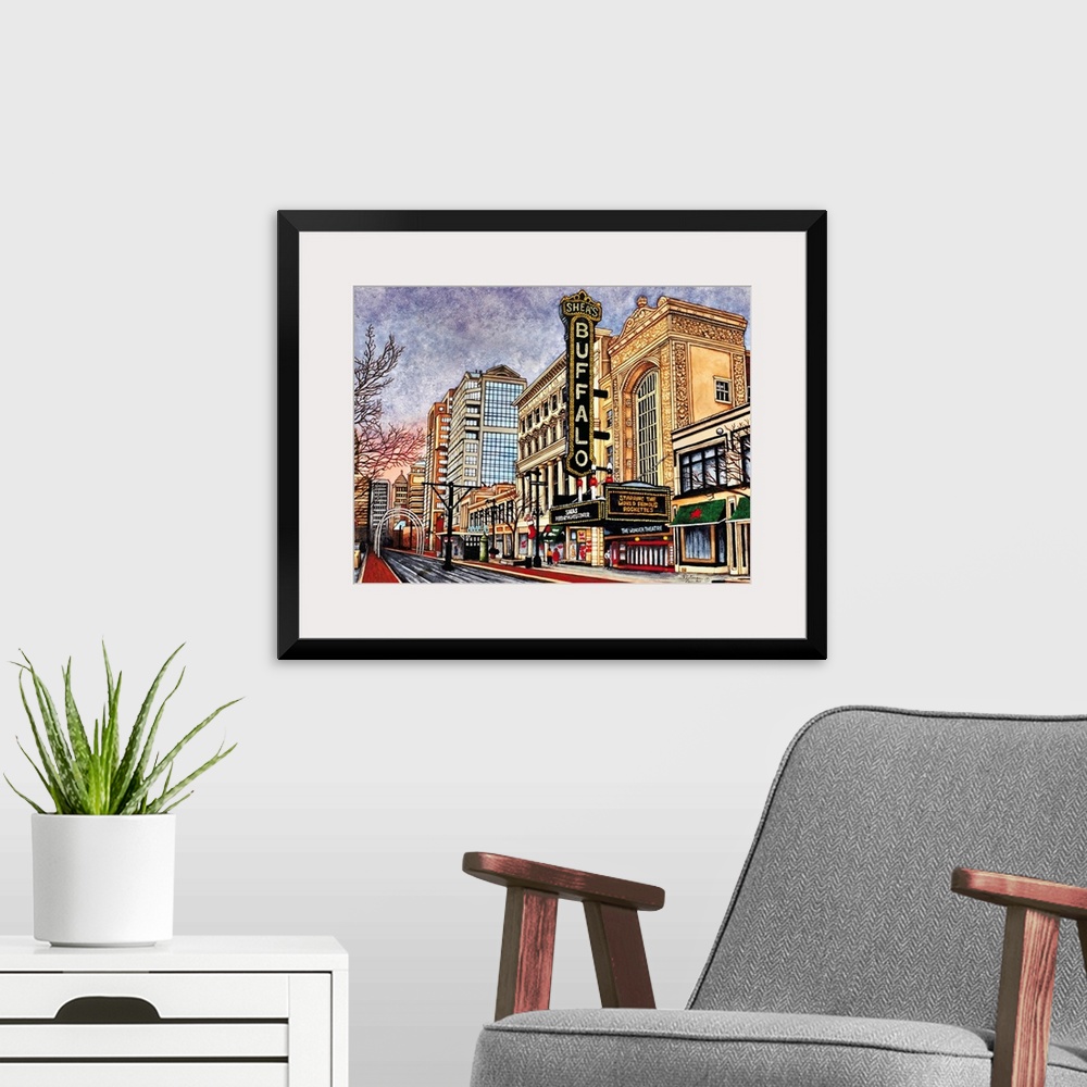 A modern room featuring Contemporary painting of a town in Buffalo New York.