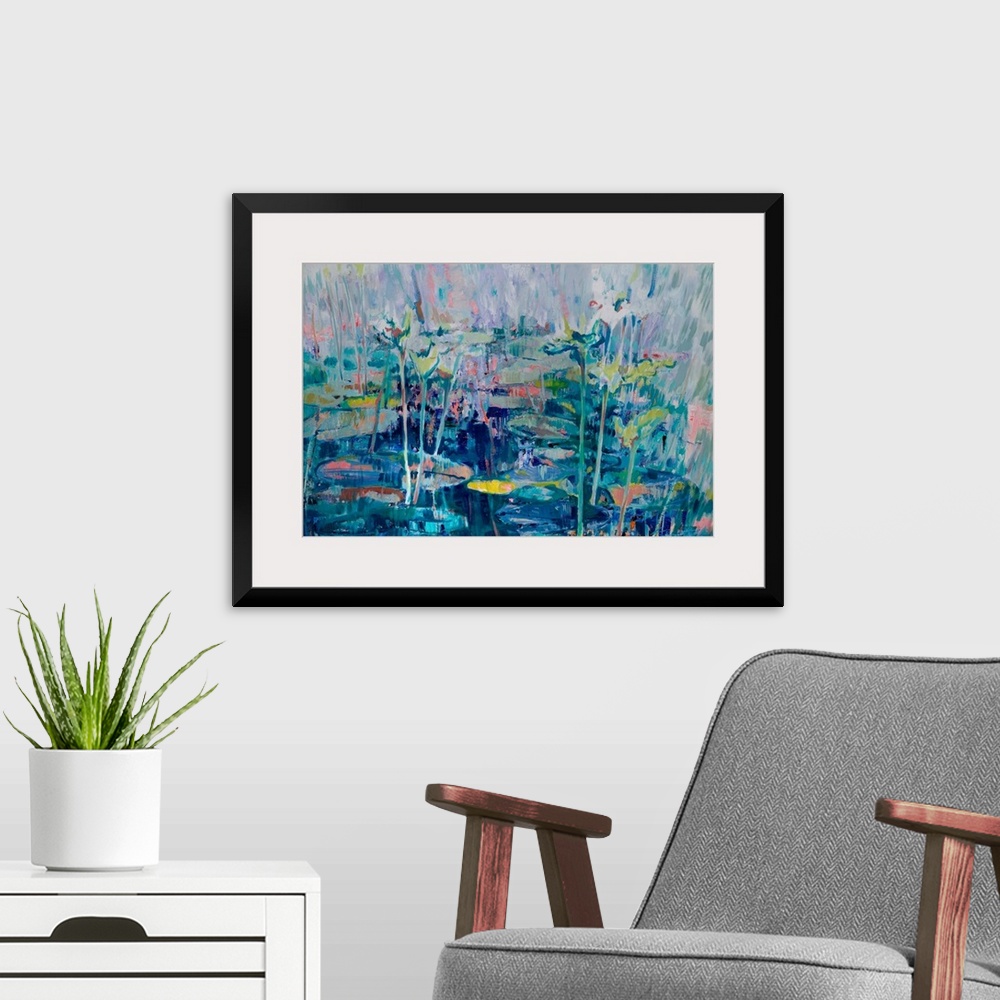 A modern room featuring An abstract of waterlilies in a small pond, partly in shade and under the bright morning light.