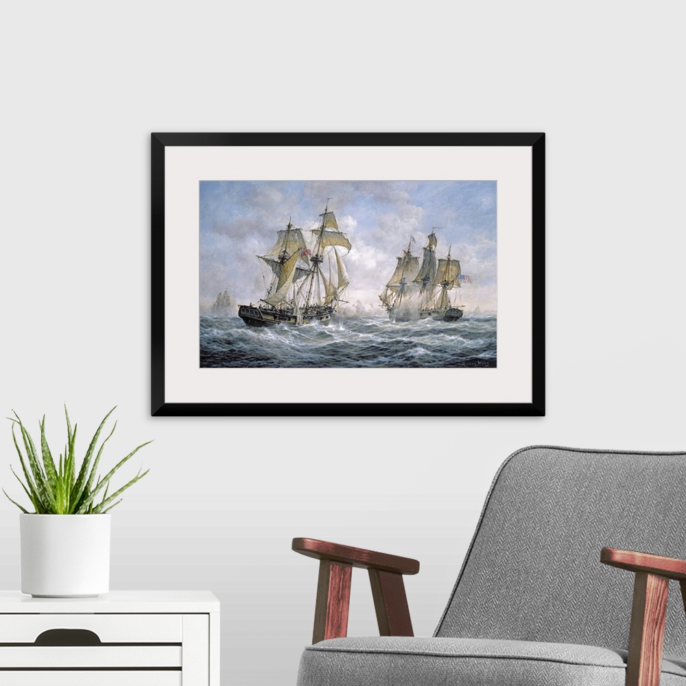 A modern room featuring Large contemporary art portrays a battle between two warships belonging to the United States of A...