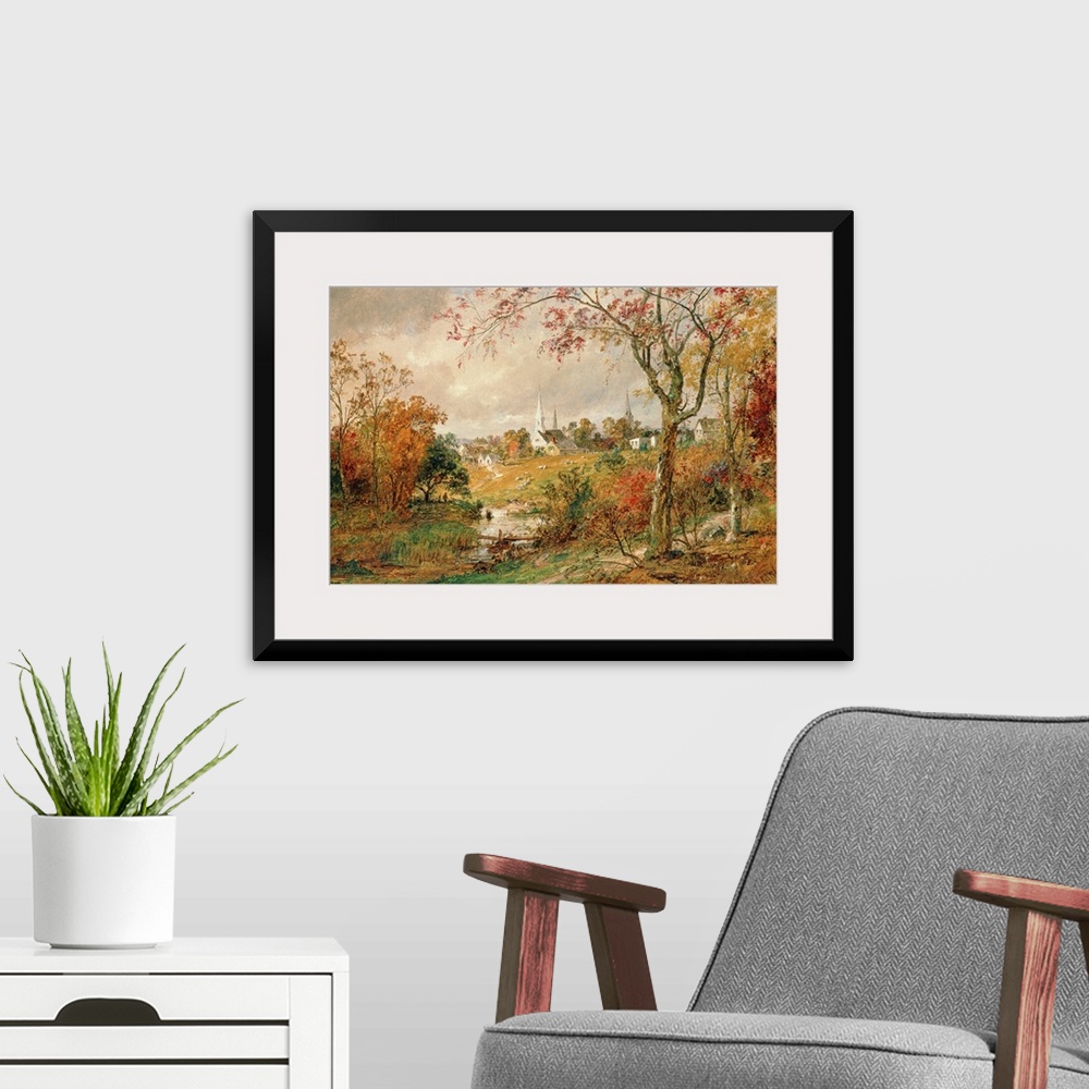 A modern room featuring Large, landscape, classic art wall painting of a clearing at the edge of the woods looking toward...