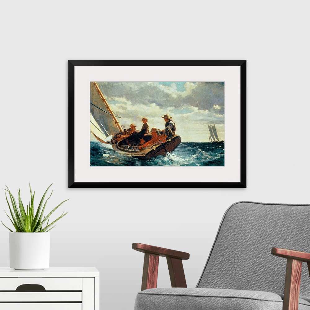 A modern room featuring Horizontal, large classic art painting of four people on a sailboat that is nearly tipping into r...