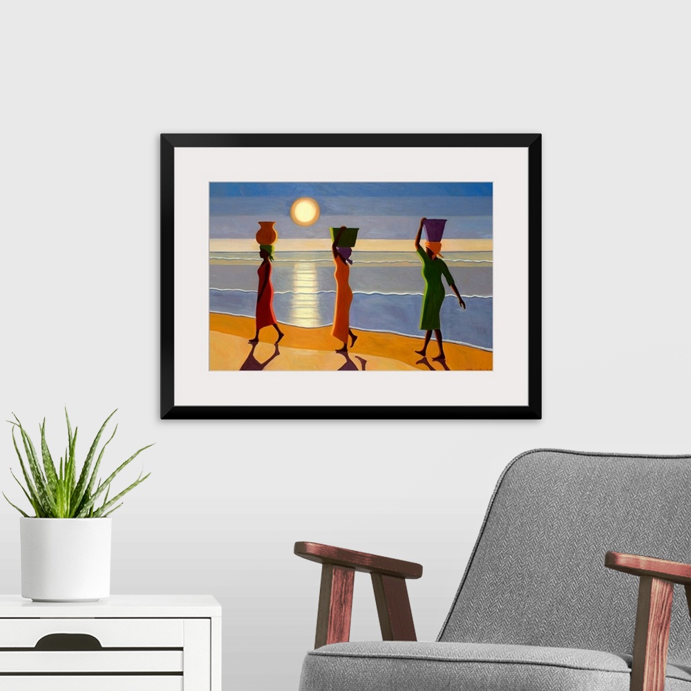 A modern room featuring Large, horizontal oil painting of three women in dresses carrying baskets on their heads along a ...