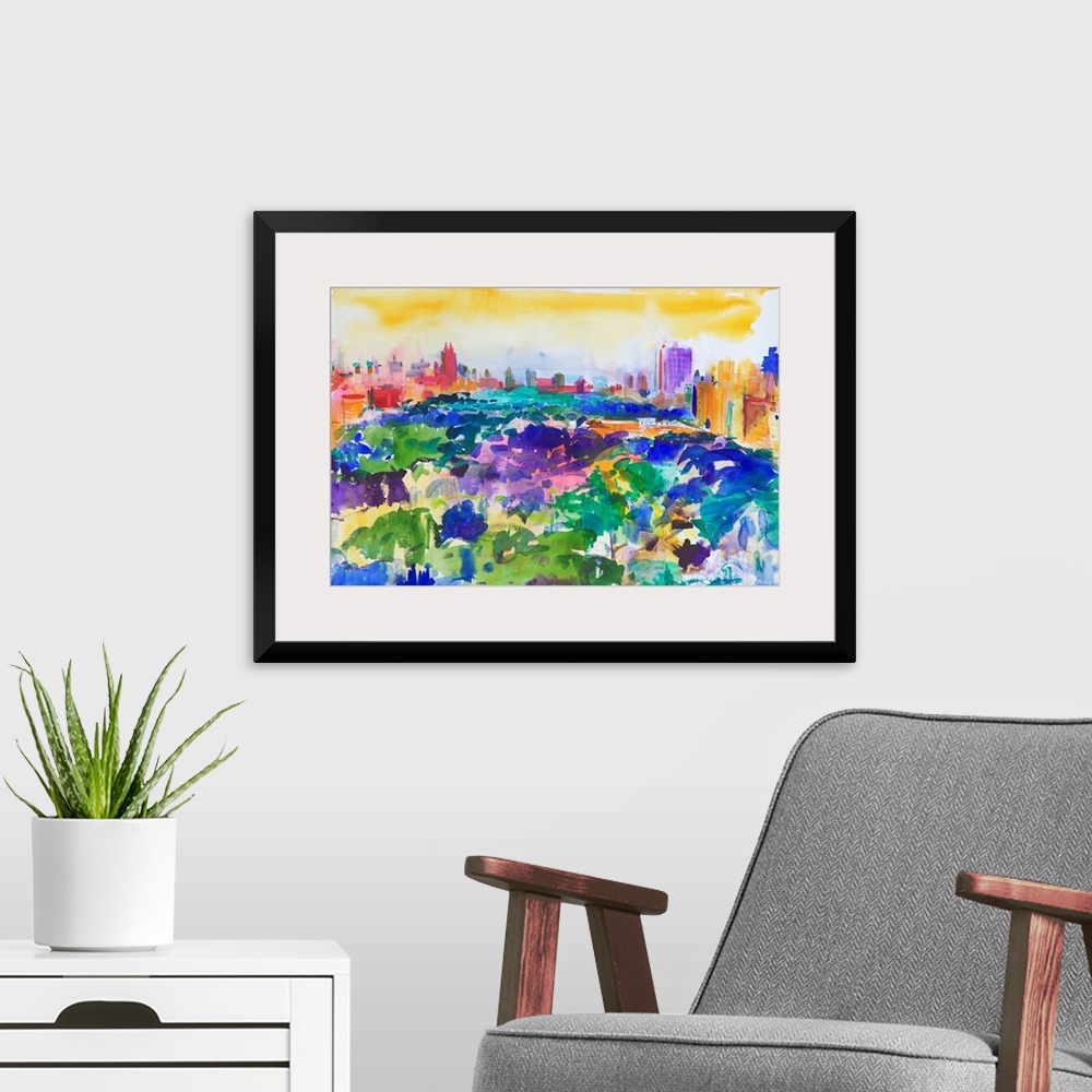 A modern room featuring Contemporary abstract painting of Central Park with vibrant water colors.