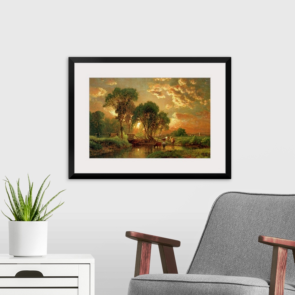 A modern room featuring Landscape, classic art painting of cows drinking from a river at sunset, surrounded by trees, ben...