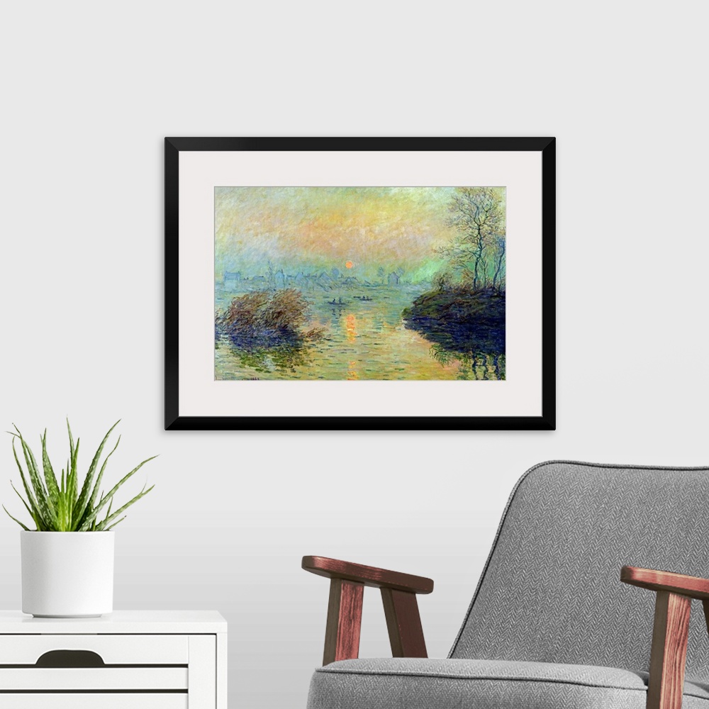 A modern room featuring Landscape painting from an Impressionist masterof boats paddling in a river as the sun sets.