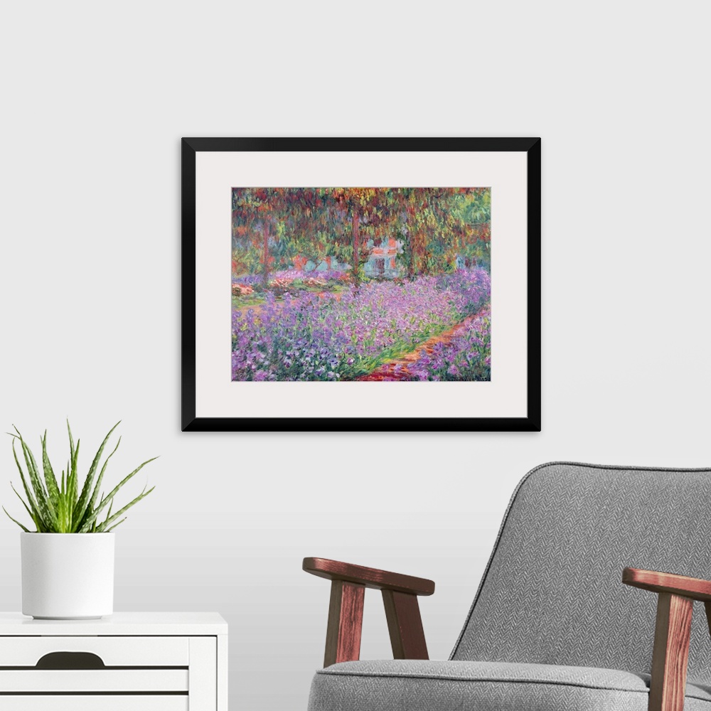 A modern room featuring Giant classic art painting showcasing a beautiful garden filled with flowers and surrounding trees.