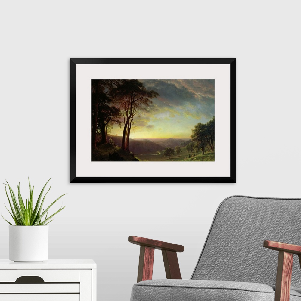 A modern room featuring Classic oil painting of the countryside of the Sacramento river valley at sunset.