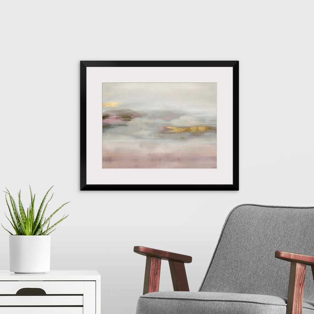 A modern room featuring Contemporary abstract artwork in muted pink and white tones with gold colored brush accents.