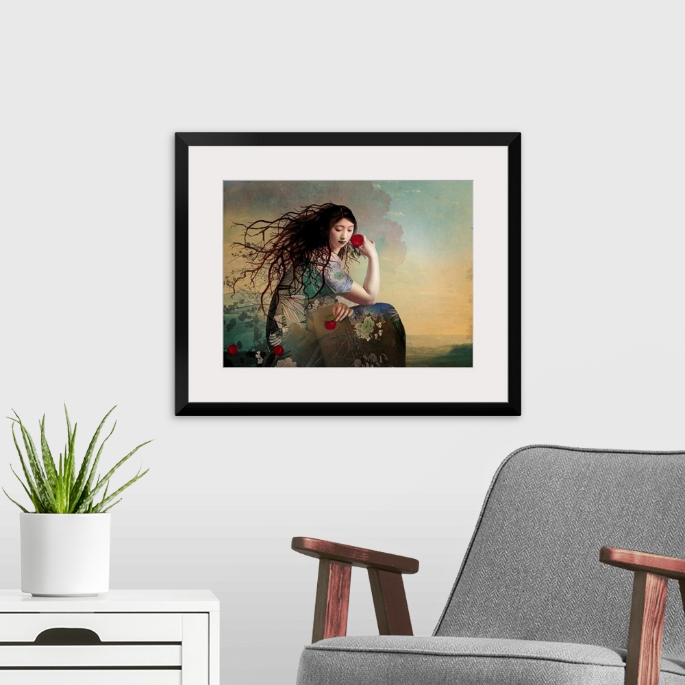 A modern room featuring A lady with a floral dress is admiring the landscape.  She is holding a red rose and has tree lim...