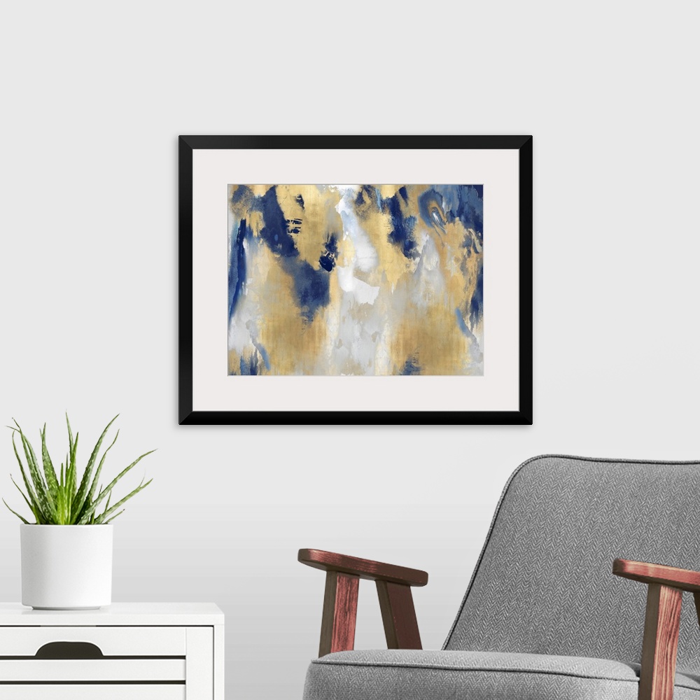 A modern room featuring A large, horizontal abstract painting in shades of indigo and gold. This statement piece of art w...