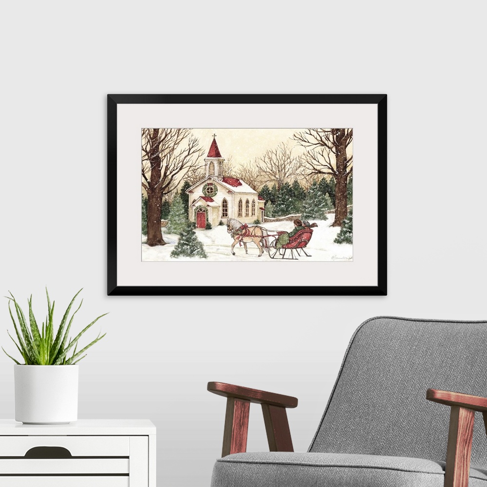 A modern room featuring A vintage Christmas Church scene captures a time past.