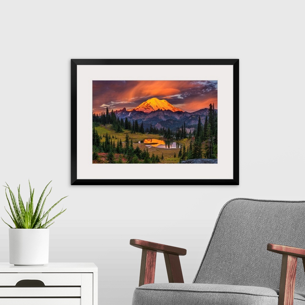 A modern room featuring USA, Washington, Mt. Rainier National Park. Mt. Rainier at sunrise.