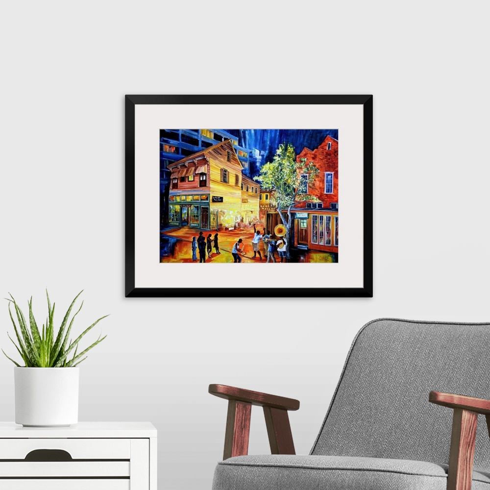 A modern room featuring Vibrant contemporary painting of iconic landmarks in New Orleans in bright colors.